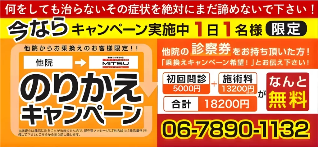 大阪で病院でも治らない手術が必要な重症の腰痛ヘルニア・膝痛・変形性股関節症・頚椎症・五十肩・手足のシビレ専門整体治療院ミツ阿倍野